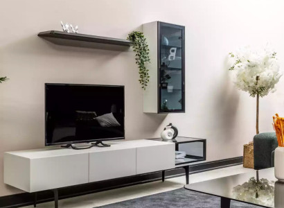 An incomparable TV wardrobe and shelves in a minimalist style